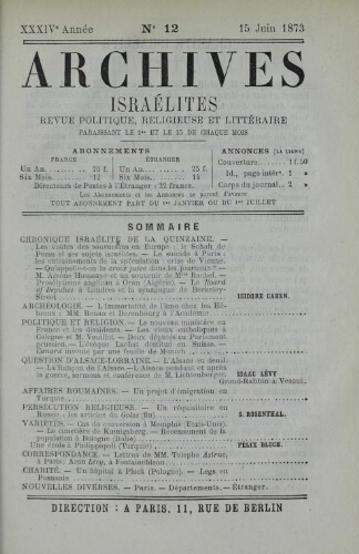 Archives israélites de France. Vol.34 N°12 (15 juin 1873)